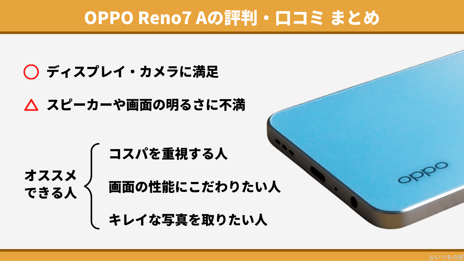 oppo-reno7-a-reputation-summary | スマホの口コミ・評判・悪口.jp OPPO Reno7 Aは「コスパ重視で高性能なスマホが欲しい人」にオススメ